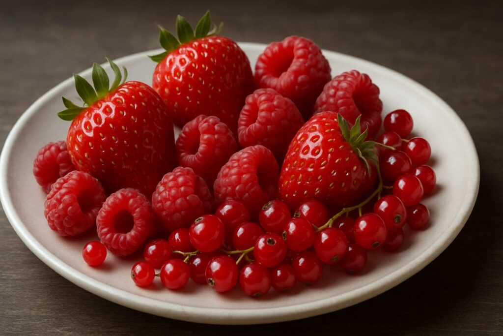 a plate where straw berry served with anti aging guarantee
