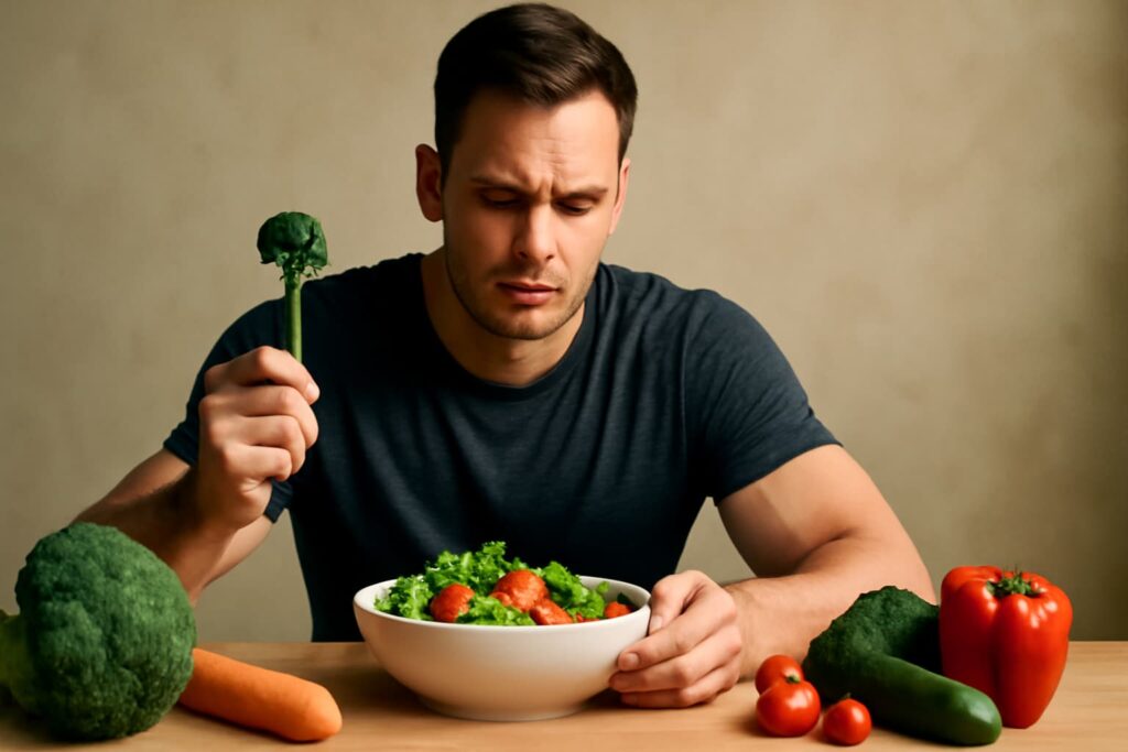 a man eating healthy food looking for fat lose